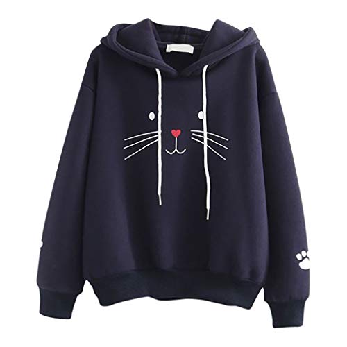 Sudadera Mujer,riou Sudaderas con Capucha Adolescentes Chicas Patchwork Sudaderas para Mujer Otoño-Invierno Estampadas Gato Tops Manga Larga Sudaderas Casuales