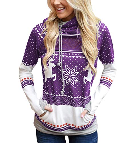 Sudadera Navidad con Capucha Mujer Sudaderas Navideñas Estampadas Jersey Navideño Sueter Reno Sweaters Pullover Hoodies Largas Chica Oversize Anchas Deporte Larga Invierno Personalizadas Morado L