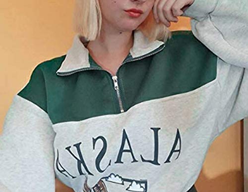 Sudadera para Mujer Alaska Letra Impresión Suelta Casual Manga Larga Hip Hop Alto Cuello Redondo Cremallera Águila Gráfico Jerseys Pullover Top (Verde-Estampado Animal, M)