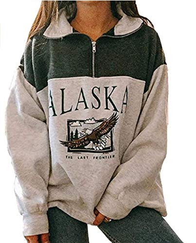 Sudadera para Mujer Alaska Letra Impresión Suelta Casual Manga Larga Hip Hop Alto Cuello Redondo Cremallera Águila Gráfico Jerseys Pullover Top (Verde-Estampado Animal, S)