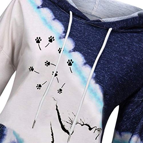 Sudadera para mujer con capucha, estampado de gato, bonita, sudadera de algodón de manga larga con cordón deportivo casual Tops Blusa 2021 azul S