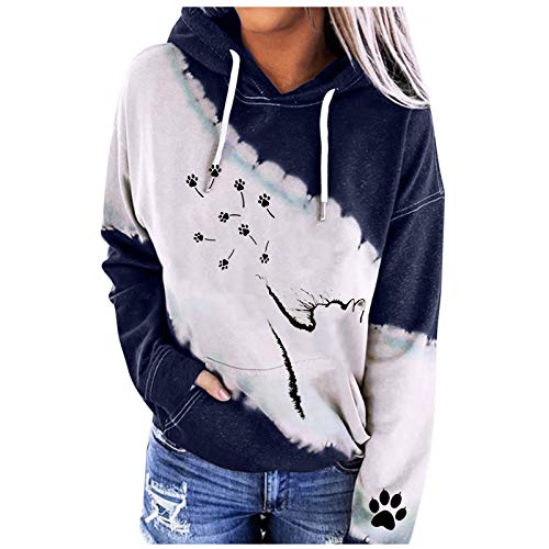 Sudadera para mujer con capucha, estampado de gato, bonita, sudadera de algodón de manga larga con cordón deportivo casual Tops Blusa 2021 azul S