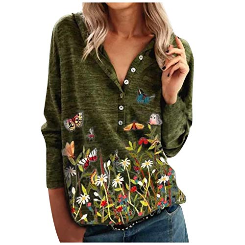 Sudadera para Mujer Moda de Manga Larga con Cuello en V Estampado Floral de Mariposa, Casual Primavera Otoño Pullover Suéter de Mujer Blusa Barata Abrigo Deportivo 2021 (Verde, L)