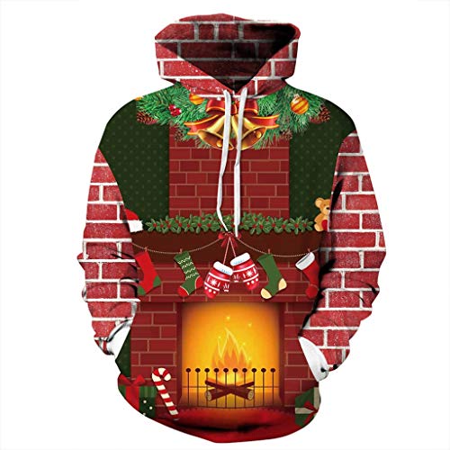Sudaderas Casuales Tops Blusa para Hombres, Fresco Unisex de Manga Larga Sudadera 3D Digital Print Chimenea de Navidad Patrón de La Moda de La Personalidad Outwear Grandes Bolsillos