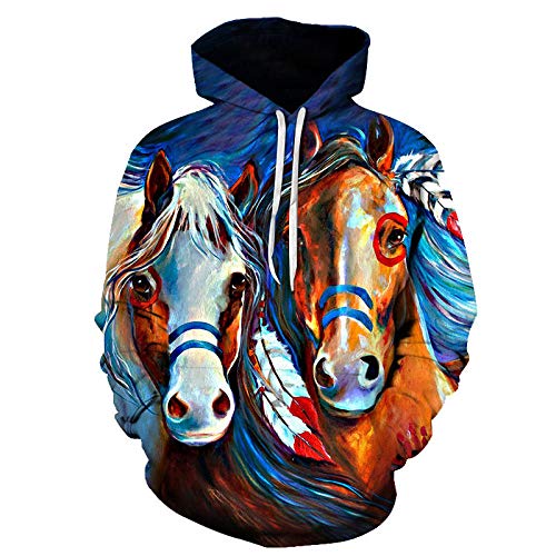 Sudaderas Con Capucha Impresas En 3D,Sudadera Con Capucha Unisex De Moda Dos Animales De Caballo De Colores Patrón Jersey Con Capucha De Manga Larga Con Bolsillos Grandes Para Regalos Navideños Ca