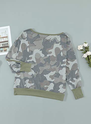 Sudaderas de camuflaje para mujer, con hombros descubiertos, botones, manga larga, túnica suelta.