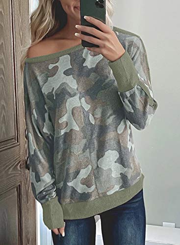 Sudaderas de camuflaje para mujer, con hombros descubiertos, botones, manga larga, túnica suelta.