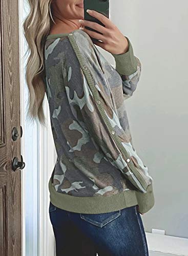 Sudaderas de camuflaje para mujer, con hombros descubiertos, botones, manga larga, túnica suelta.