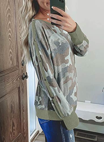 Sudaderas de camuflaje para mujer, con hombros descubiertos, botones, manga larga, túnica suelta.
