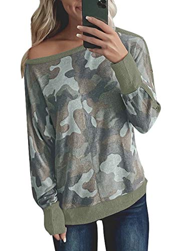 Sudaderas de camuflaje para mujer, con hombros descubiertos, botones, manga larga, túnica suelta.