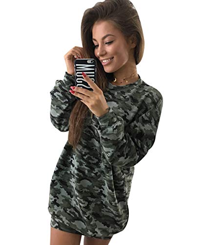 Sudaderas Largas Mujer Sudaderas Lisas sin Capucha Chicas Vestido Sudadera Larga Oversize Mujer Tallas Grandes Casual Sudaderas de Vestir Cuello Redondo Anchas Juveniles Invierno Pullover Camuflaje S
