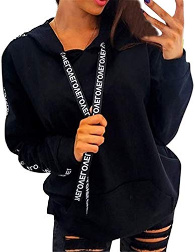 Sudaderas Mujer Tallas Grandes con Capucha Pullover de Manga Larga Tops Otoño Invierno (Negro, XX-Large)
