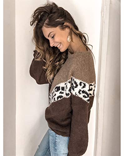 Suéter Cárdigan Mujer Invierno Ancho con Manga Larga Sudadera con Estampado de Leopardo Sudadera Casual Elegante Moda (Marrón, XL)