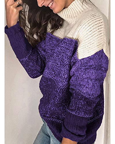 Suéter Cuello Alto para Mujer a Rayas Jersey de Punto de Manga Larga Pull-Over Patchwork Primavera Otoño e Invierno Violeta XL