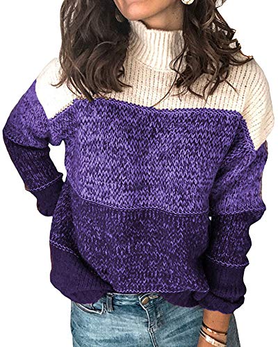 Suéter Cuello Alto para Mujer a Rayas Jersey de Punto de Manga Larga Pull-Over Patchwork Primavera Otoño e Invierno Violeta XL