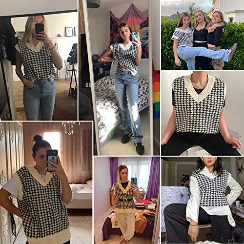 Suéter de Gran tamaño para Mujer Chaleco de Punto sin Mangas con Cuello en V Patrón de Pata de Gallo Ventilaciones Laterales Jersey sin Mangas (Caqui, L)