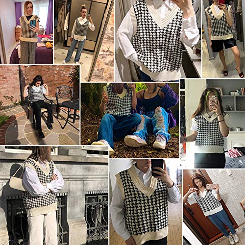 Suéter de Gran tamaño para Mujer Chaleco de Punto sin Mangas con Cuello en V Patrón de Pata de Gallo Ventilaciones Laterales Jersey sin Mangas (Caqui, L)