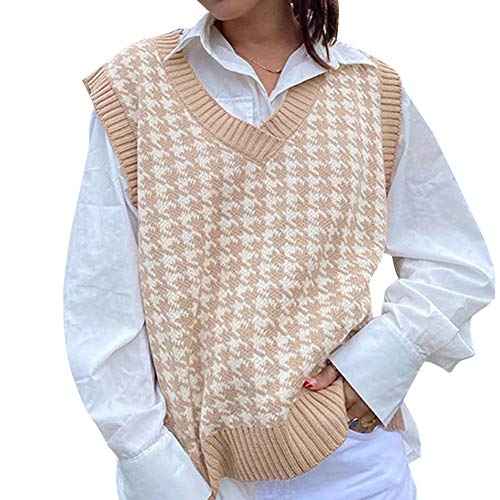 Suéter de Gran tamaño para Mujer Chaleco de Punto sin Mangas con Cuello en V Patrón de Pata de Gallo Ventilaciones Laterales Jersey sin Mangas (Caqui, L)