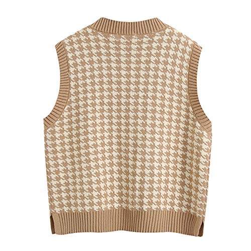 Suéter de Gran tamaño para Mujer Chaleco de Punto sin Mangas con Cuello en V Patrón de Pata de Gallo Ventilaciones Laterales Jersey sin Mangas (Caqui, L)