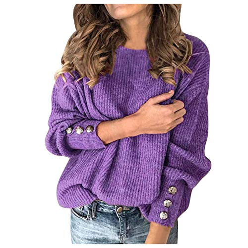 Suéter de Manga Larga cálido con Cuello Redondo y Color sólido de Moda para Mujer(Violeta-578,XL)