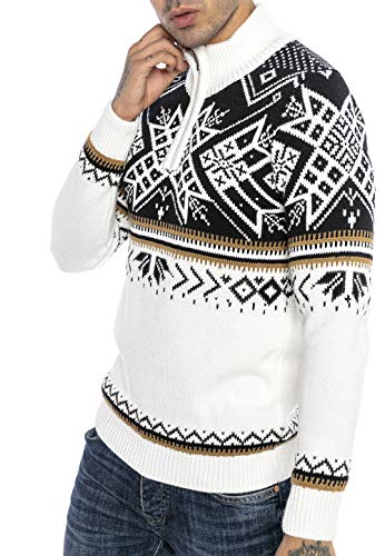 Suéter de Punto para Hombres Estilo Noruego Jersey Pulóver con Cuello Alto y Cremallera Blanco XL