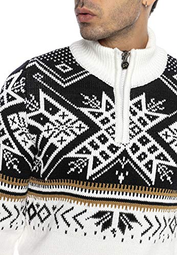 Suéter de Punto para Hombres Estilo Noruego Jersey Pulóver con Cuello Alto y Cremallera Blanco XL