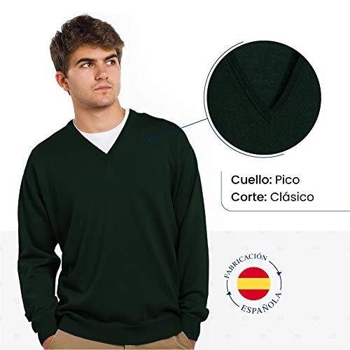 Sueter Hombre 100% Lana Merino/Jersey con Cuello de Pico de Manga Larga/Ropa de Hombres Fabricada en España/Tallas Grandes (Verde, L)