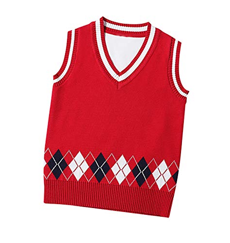 Suéter Jerseys Chaleco Prendas de Punto para Niños Niñas Ropa con V Cuello Sin Mangas Campus Estilo - Rojo 130
