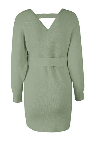 Suéter Mujer Vestido de Punto Elegante Backless Cuello en V Manga Larga Mini Vestido con cinturón (Verde, M)