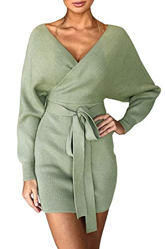Suéter Mujer Vestido de Punto Elegante Backless Cuello en V Manga Larga Mini Vestido con cinturón (Verde, M)