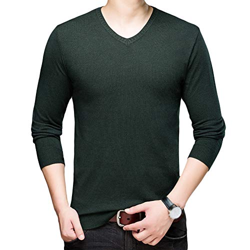 Suéter para Hombre Lana Jersey de Punto Casual Manga Larga Parte Superior del Cuello V Ajustado Sweater Pullover,Verde 1,6XL