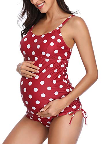 Summer Mae Tankini Halter Embarazo Traje de Baño Dos Piezas de Maternidad para Mujer Rojo con Lunares S