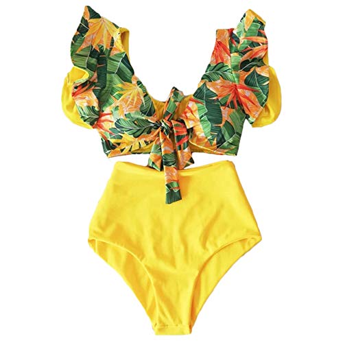 Summerwindy Bikinis Sexis de Cintura Alta, Traje de BaaO para Mujer, Trajes de BaaO con Volantes en el Hombro, Ropa de Playa, Biquini Push Up para Mujer L