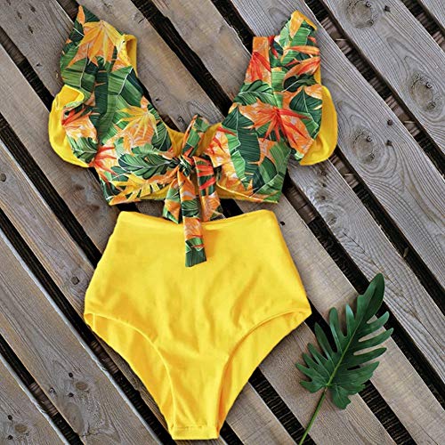 Summerwindy Bikinis Sexis de Cintura Alta, Traje de BaaO para Mujer, Trajes de BaaO con Volantes en el Hombro, Ropa de Playa, Biquini Push Up para Mujer L
