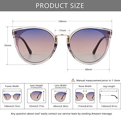 SUNGAIT Mujeres Ojo de Gato Polarizadas Vintage de Gran Tamaño UV-Protección Gafas de Sol(Lente de Marco Gris Transparente/Degradado Púrpura)