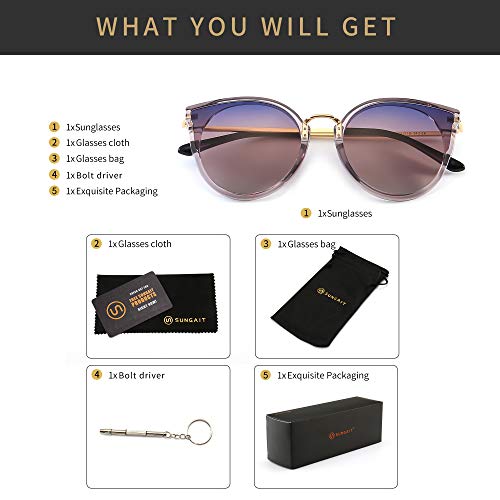 SUNGAIT Mujeres Ojo de Gato Polarizadas Vintage de Gran Tamaño UV-Protección Gafas de Sol(Lente de Marco Gris Transparente/Degradado Púrpura)
