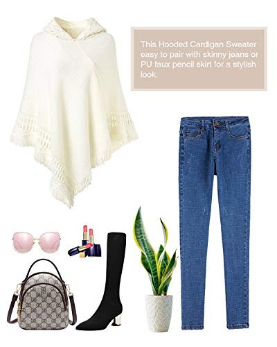 SUNNYME Poncho de Las Mujeres Punto con Flecos Hueco con Capucha Talla Grande Calentar Otoño e Invierno Rojo Blanco F