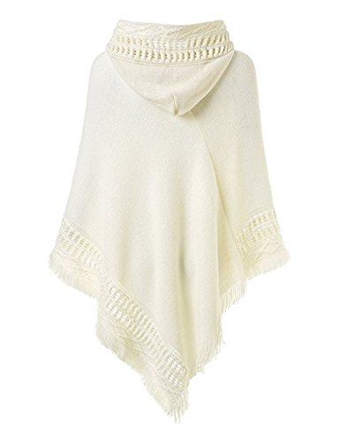 SUNNYME Poncho de Las Mujeres Punto con Flecos Hueco con Capucha Talla Grande Calentar Otoño e Invierno Rojo Blanco F