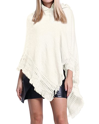 SUNNYME Poncho de Las Mujeres Punto con Flecos Hueco con Capucha Talla Grande Calentar Otoño e Invierno Rojo Blanco F