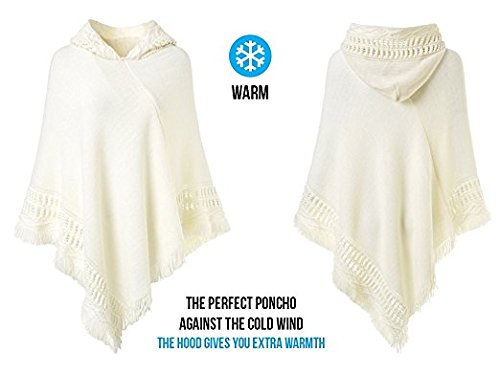 SUNNYME Poncho de Las Mujeres Punto con Flecos Hueco con Capucha Talla Grande Calentar Otoño e Invierno Rojo Blanco F