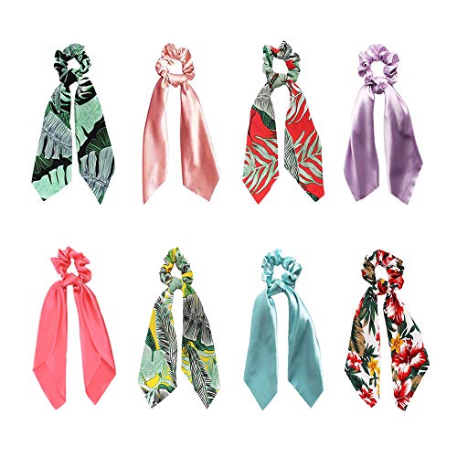 SUNPAT 8Pcs Pañuelos para el Pelo Gomas Para el Cabello Chiffon Floral Gomas Para el Cabello Bandas Para el Cabello Cola de Caballo Gomas Para el Pelo 2 en 1 Accesorios Para Mujeres Niñas