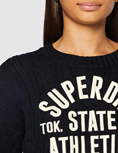 Superdry College Cable Crew suéter, Azul Marino/Blanco Roto, L (Talla del Fabricante:14) para Mujer