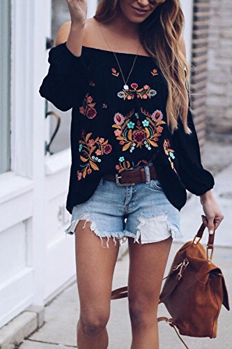 Suvimuga Mujeres Vintage Camisas Bordadas del Hombro Baggy Boho Blusa Tops Black L