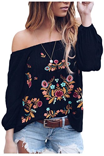 Suvimuga Mujeres Vintage Camisas Bordadas del Hombro Baggy Boho Blusa Tops Black M