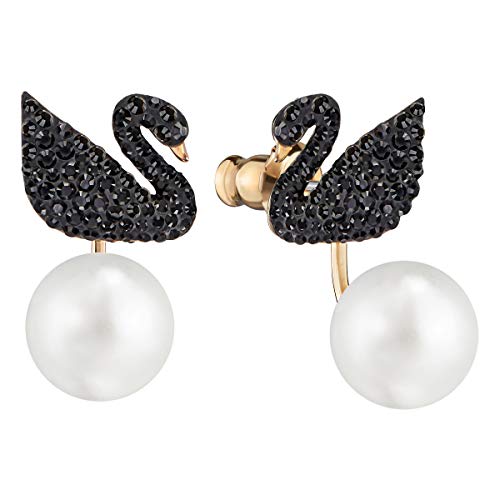 Swarovski Women's Iconic Swan Pierced Earring Jackets, Brilliant Black Crystals with Rose-Gold Tone Plating and a Crystal Pearl, from the Swarovski Iconic Swan Collection