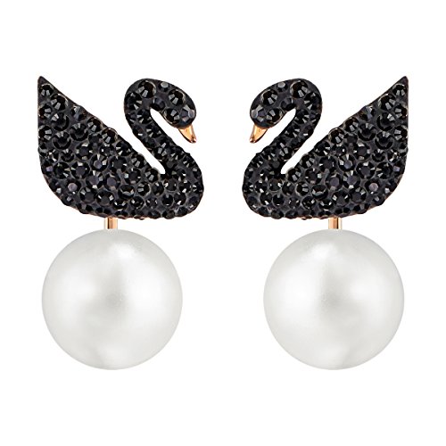 Swarovski Women's Iconic Swan Pierced Earring Jackets, Brilliant Black Crystals with Rose-Gold Tone Plating and a Crystal Pearl, from the Swarovski Iconic Swan Collection