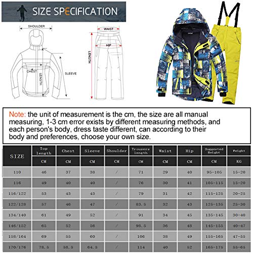 SXSHUN Niños Traje de Esquí 5000mm Chaqueta Impermeable Soft Shell para Nieve Peto de Nieve Conjunto Caliente de 2 Piezas, Pantalones Amarillos, 7-9 años (134/140)