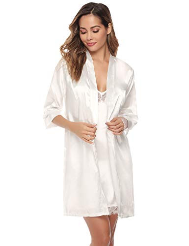 Sykooria Bata Kimono Mujer, 2 Piezas Seda Satén Corto Kimono Bata Pijama Vestido de Encaje Conjunto de Lencería Albornoz Vestido de Dama de Honor de Camisón