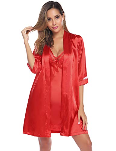 Sykooria Bata Kimono Mujer, 2 Piezas Seda Satén Corto Kimono Bata Pijama Vestido de Encaje Conjunto de Lencería Albornoz Vestido de Dama de Honor de Camisón