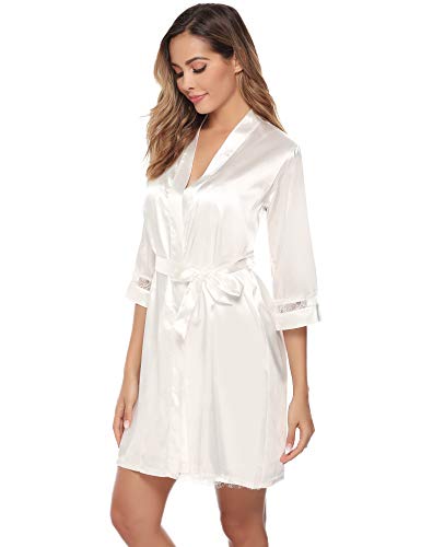 Sykooria Bata Kimono Mujer, 2 Piezas Seda Satén Corto Kimono Bata Pijama Vestido de Encaje Conjunto de Lencería Albornoz Vestido de Dama de Honor de Camisón